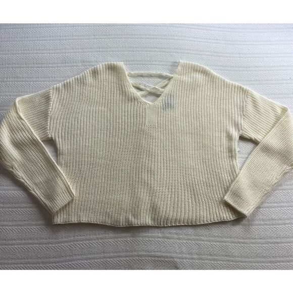 Derek Heart Juniors LARGE CREAM SWEATER  WITH LACE TIED UP BACK - Picture 1 of 9